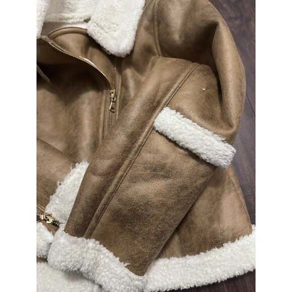I.N.C. International Concepts Women's Cropped Faux-Leather Aviator Jacket Tan XL - Picture 7 of 10
